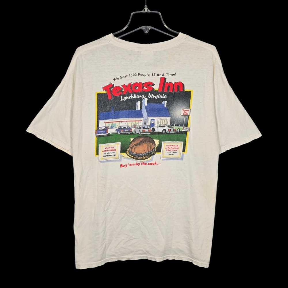 Vintage Texas Inn T-Shirt Mens XL Restaurant Promo VA Fast Food Distressed White